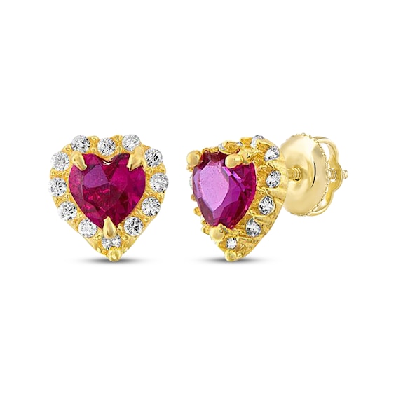 Children's Heart-Shaped Red & White Cubic Zirconia Stud Earrings 14K Yellow Gold