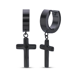Men's Cross Dangle Huggie Hoop Earrings Black Ion-Plated Stainless Steel
