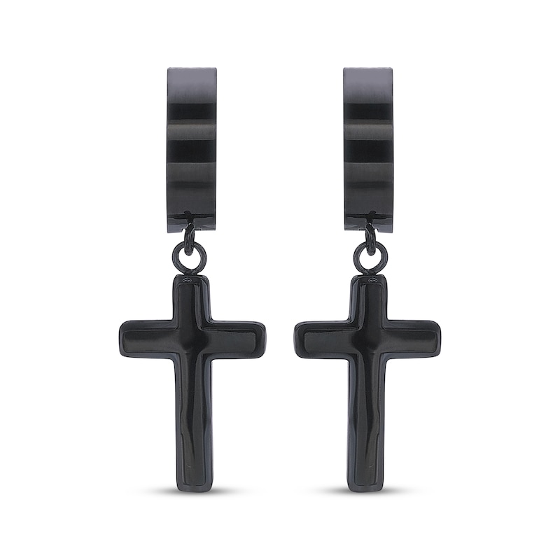 Main Image 2 of Men's Cross Dangle Huggie Hoop Earrings Black Ion-Plated Stainless Steel