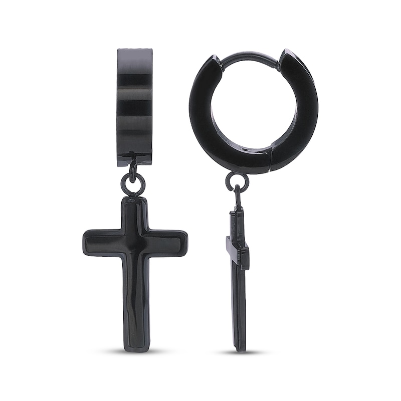 Main Image 3 of Men's Cross Dangle Huggie Hoop Earrings Black Ion-Plated Stainless Steel