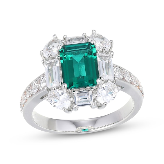 Emerald-Cut Lab-Created Emerald & White Lab-Created Sapphire Frame Ring Sterling Silver