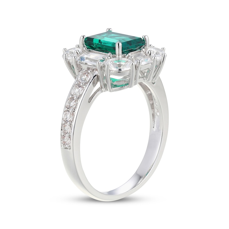 Main Image 2 of Emerald-Cut Lab-Created Emerald & White Lab-Created Sapphire Frame Ring Sterling Silver