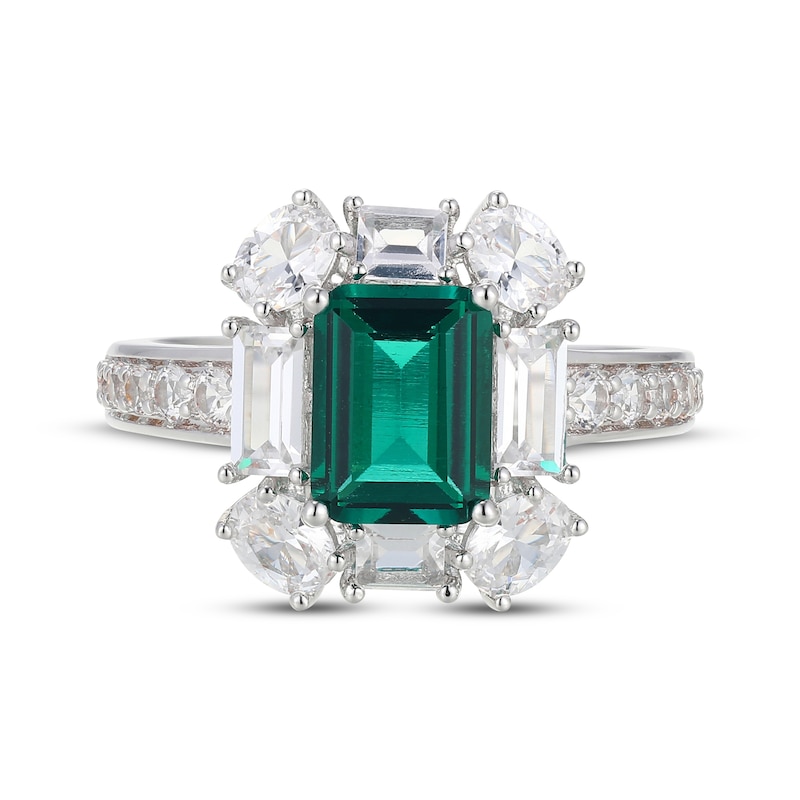 Main Image 3 of Emerald-Cut Lab-Created Emerald & White Lab-Created Sapphire Frame Ring Sterling Silver