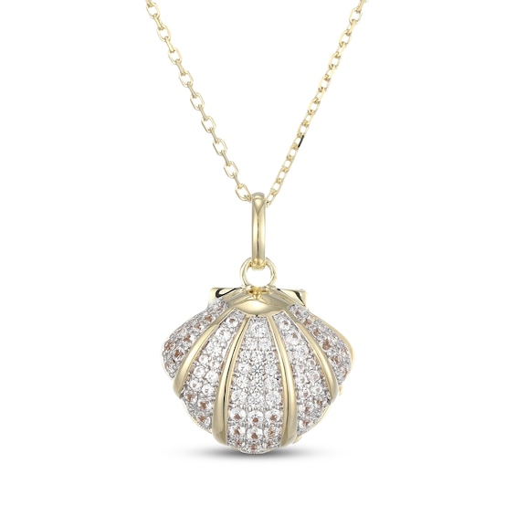 Cultured Pearl & White Lab-Created Sapphire Seashell Necklace 10K Yellow Gold 18"