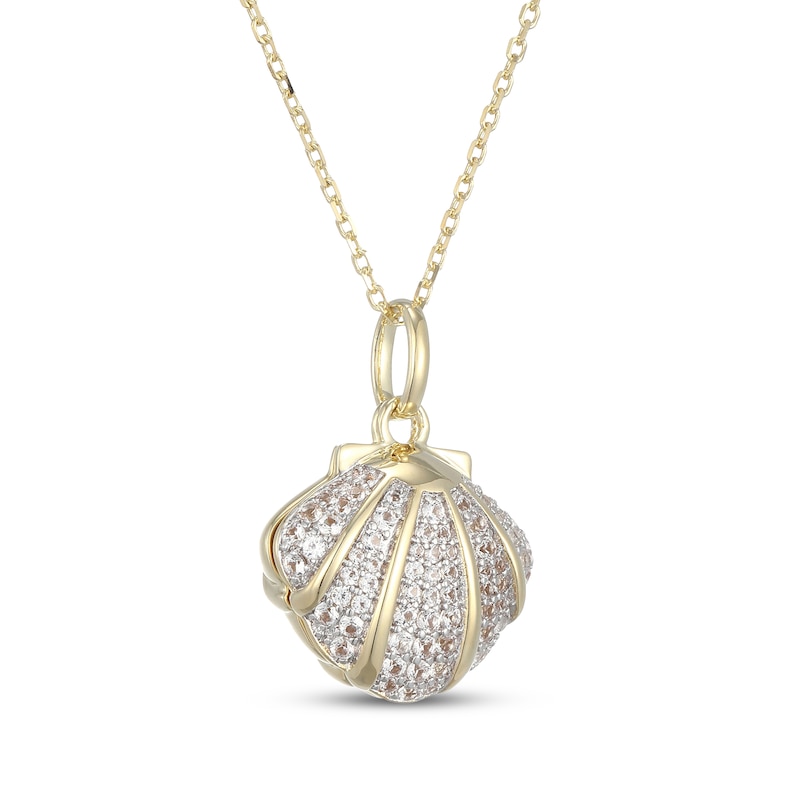 Main Image 2 of Cultured Pearl & White Lab-Created Sapphire Seashell Necklace 10K Yellow Gold 18"