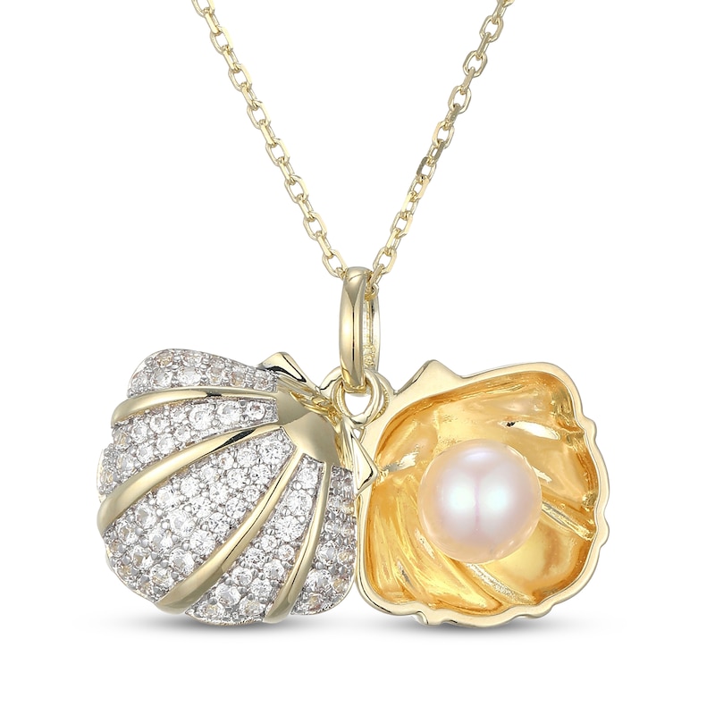 Main Image 3 of Cultured Pearl & White Lab-Created Sapphire Seashell Necklace 10K Yellow Gold 18"