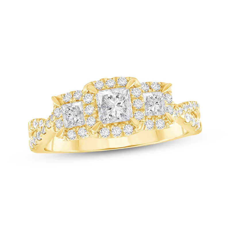 Main Image 1 of Memories Moments Magic Princess-Cut Three-Stone Diamond Engagement Ring 7/8 ct tw 14K Yellow Gold