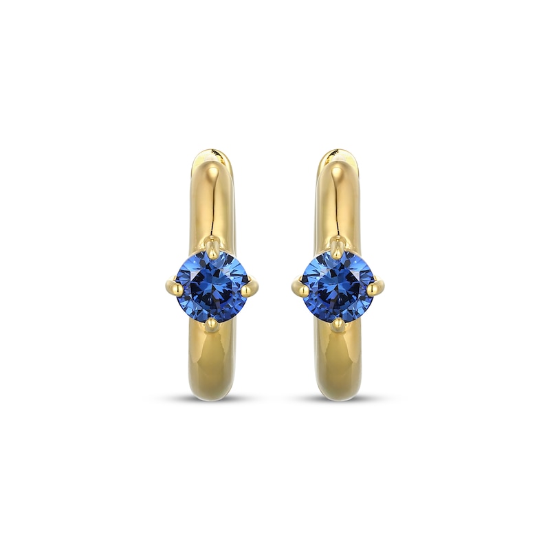 Main Image 2 of STUDIO BY KAY Round-Cut Blue Lab-Created Sapphire Solitaire Huggie Hoop Earrings 24K Yellow Gold Vermeil Sterling Silver