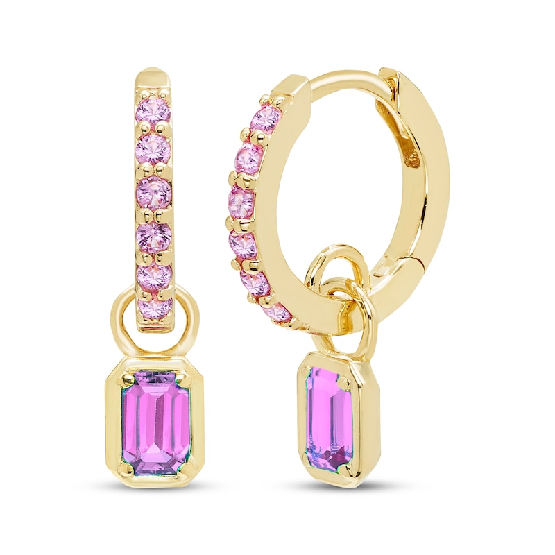 Main Image 1 of STUDIO BY KAY Emerald & Round-Cut Pink Lab-Created Sapphire Hoop Drop Earrings 24K Yellow Gold Vermeil Sterling Silver