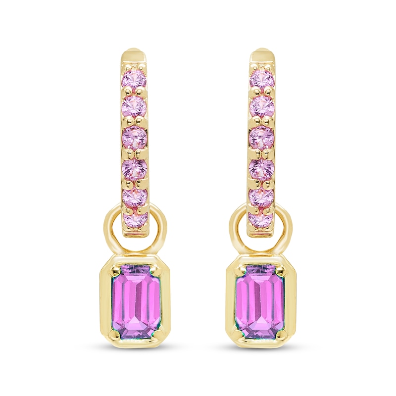 Main Image 2 of STUDIO BY KAY Emerald & Round-Cut Pink Lab-Created Sapphire Hoop Drop Earrings 24K Yellow Gold Vermeil Sterling Silver