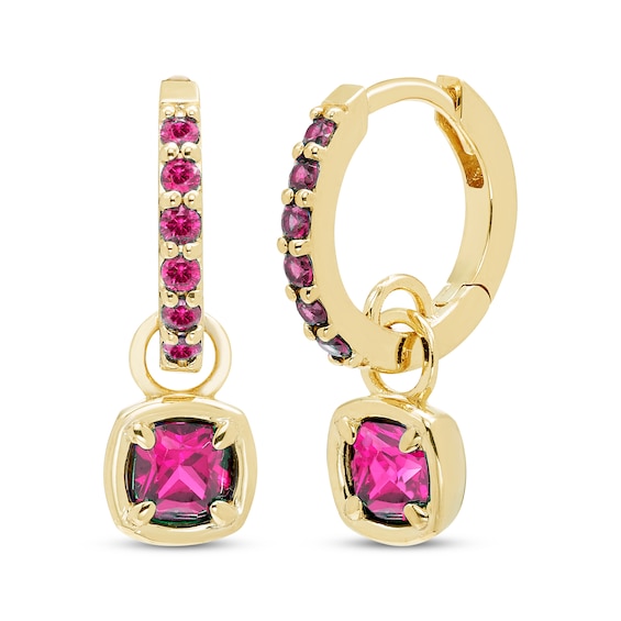 STUDIO BY KAY Cushion & Round-Cut Pink Lab-Created Sapphire Hoop Drop Earrings 24K Yellow Gold Vermeil Sterling Silver