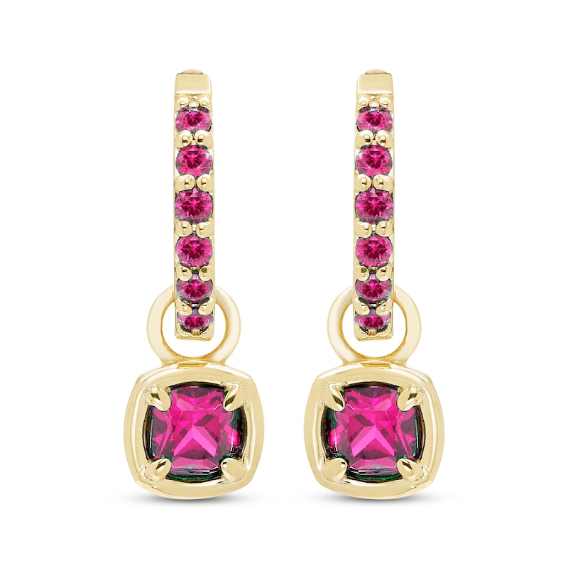 Main Image 2 of STUDIO BY KAY Cushion & Round-Cut Pink Lab-Created Sapphire Hoop Drop Earrings 24K Yellow Gold Vermeil Sterling Silver
