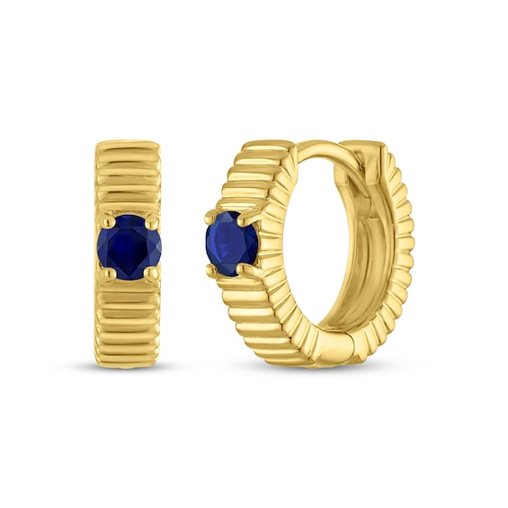 STUDIO BY KAY Round-Cut Blue Lab-Created Sapphire Solitaire Ridged Hoop Earrings 24K Yellow Gold Vermeil Sterling Silver