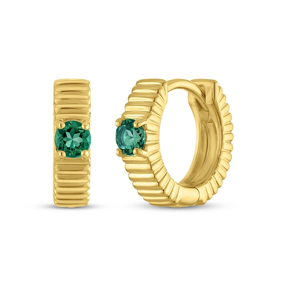 STUDIO BY KAY Round-Cut Lab-Created Emerald Solitaire Ridged Hoop Earrings 24K Yellow Gold Vermeil Sterling Silver