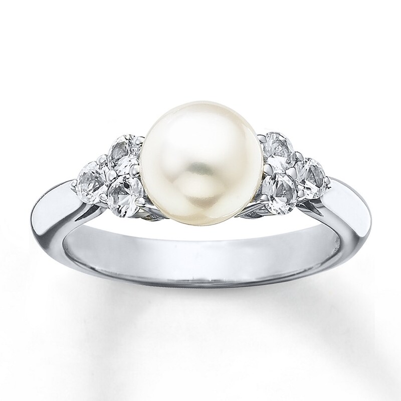 Cultured Pearl Ring Natural White Sapphires Sterling Silver