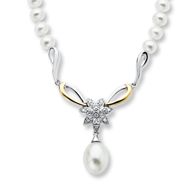 Main Image 1 of Cultured Pearl Necklace With Diamonds Sterling Silver/10K Gold