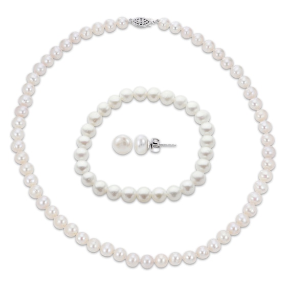 Cultured Pearl Necklace, Bracelet & Earrings Set Sterling Silver