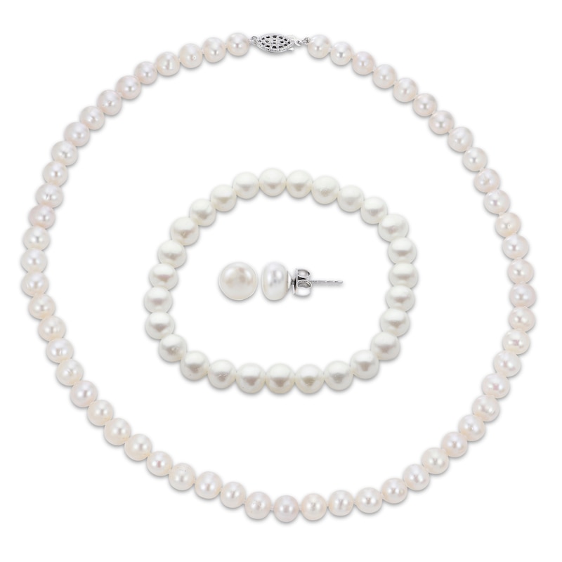 Main Image 1 of Cultured Pearl Set Necklace, Bracelet & Earrings Sterling Silver