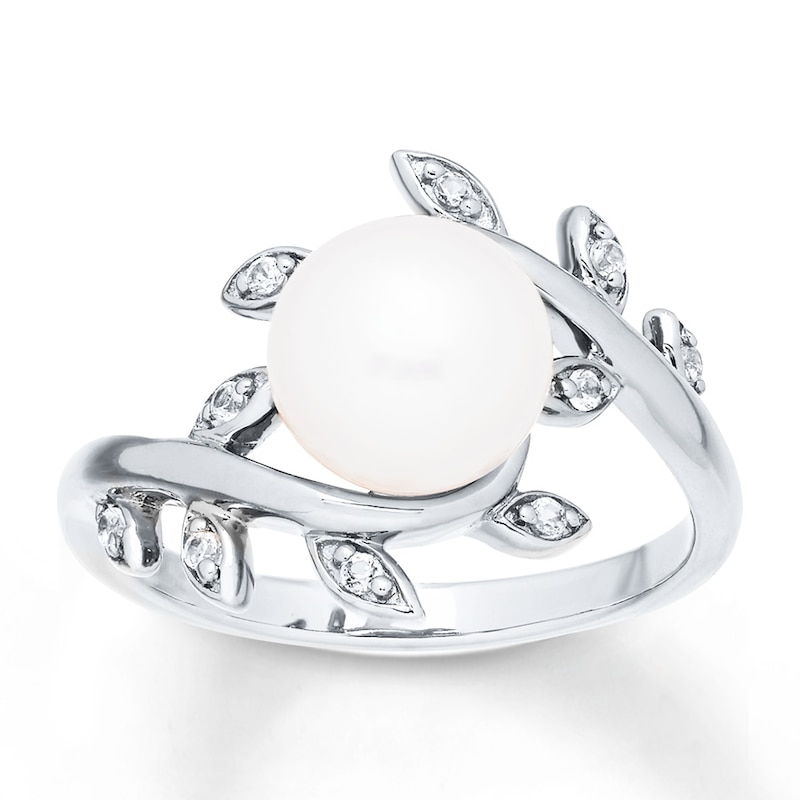 Main Image 1 of Cultured Pearl Ring Lab-Created White Sapphires Sterling Silver