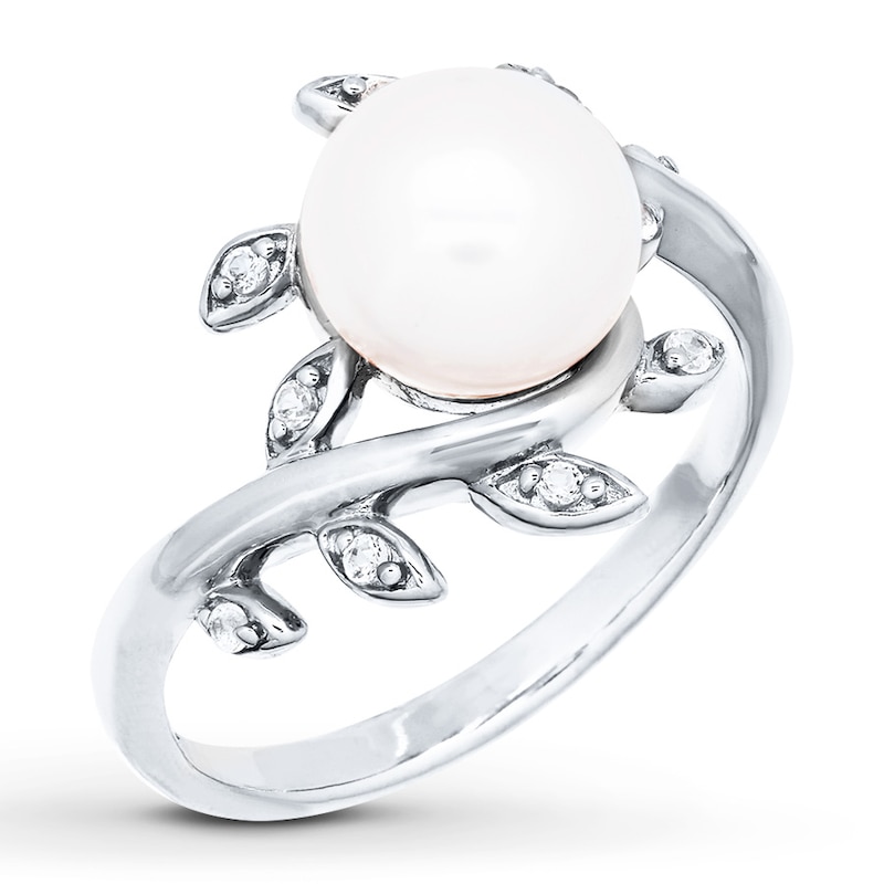 Main Image 4 of Cultured Pearl Ring Lab-Created White Sapphires Sterling Silver