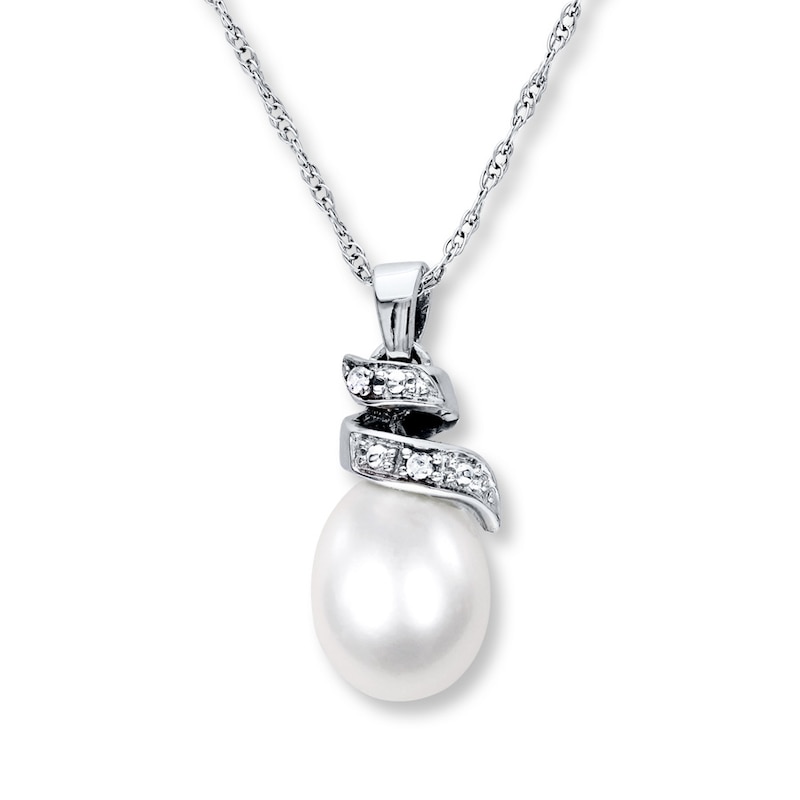 Main Image 1 of Cultured Pearl & Diamond Necklace 10K White Gold