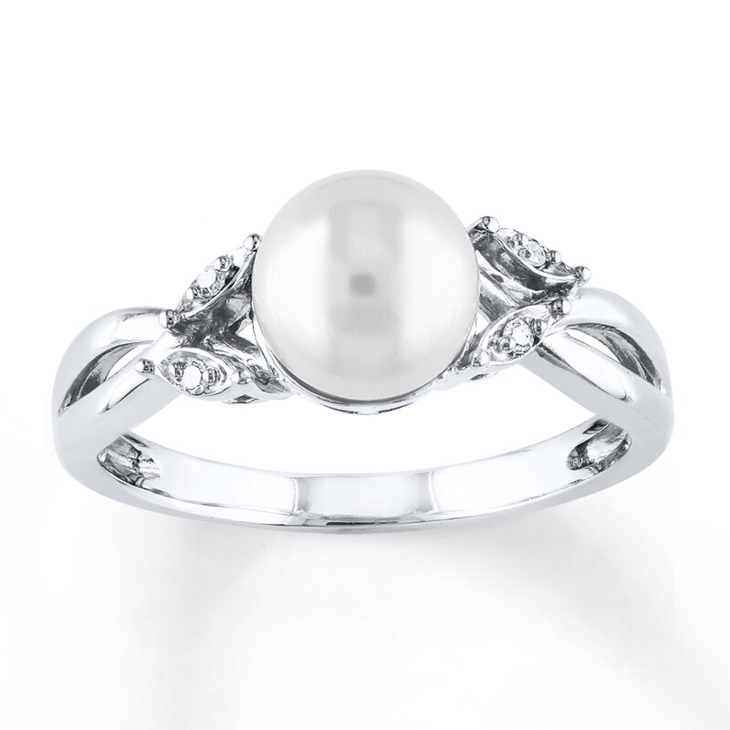 Main Image 1 of Cultured Pearl Ring With Diamonds 10K White Gold