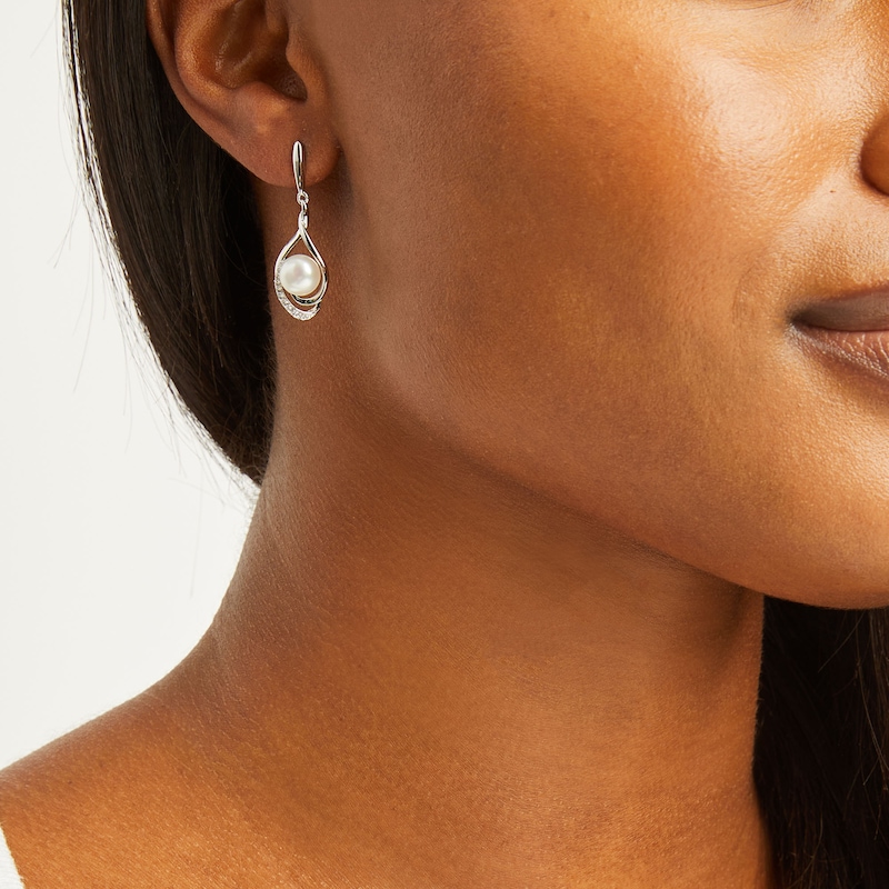 Main Image 4 of Cultured Pearl Earrings Lab-Created Sapphires Sterling Silver