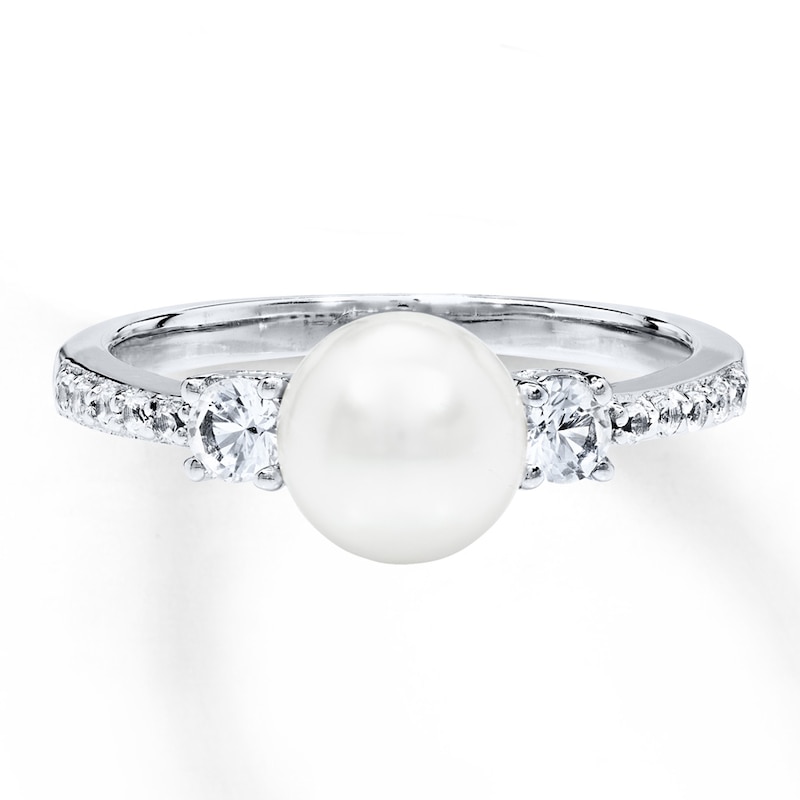 Main Image 1 of Cultured Pearl Ring Lab-Created White Sapphires Sterling Silver