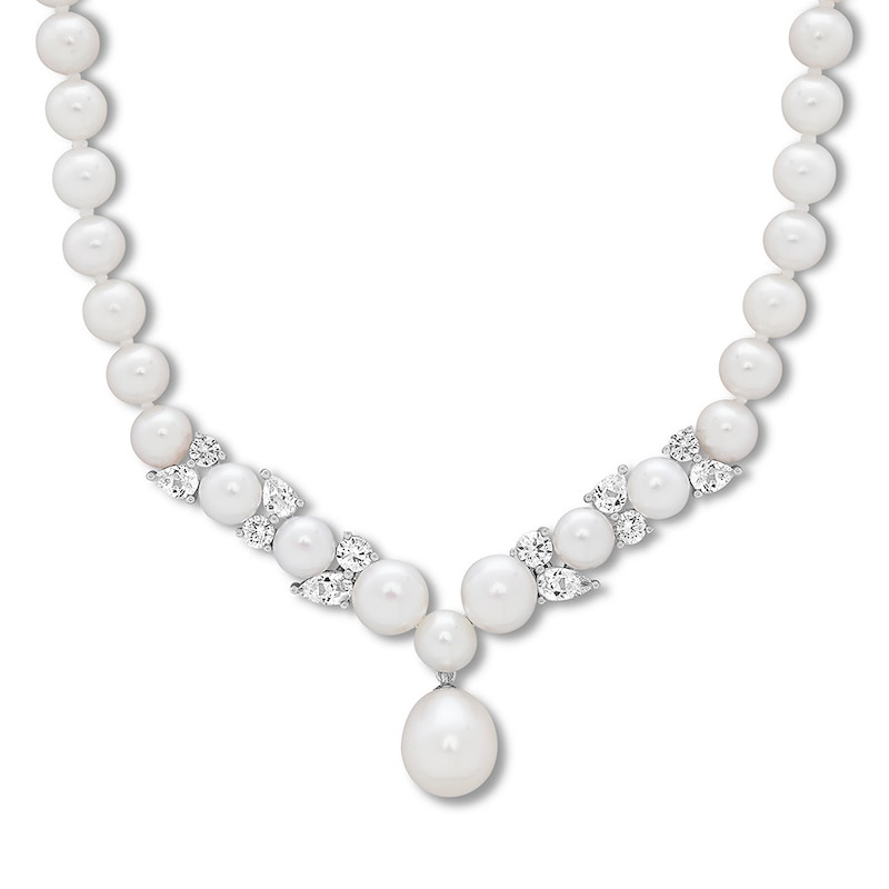 Cultured Pearl Necklace Lab-Created Sapphires Sterling Silver
