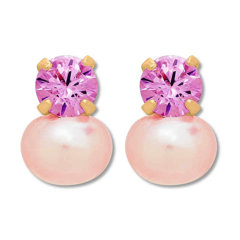 Main Image 2 of Child's Cultured Pearl Earrings Pink CZ 14K Yellow Gold