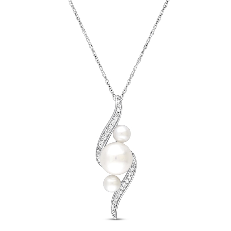 Main Image 1 of Cultured Pearl Necklace 1/8 ct tw Diamonds 10K White Gold