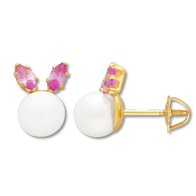 Main Image 1 of Young Teen Bunny Earrings 14K Yellow Gold Cultured Pearls & Lab-Created Sapphires
