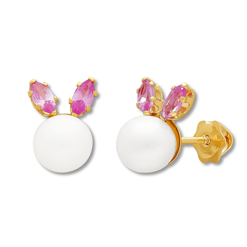Main Image 2 of Young Teen Bunny Earrings 14K Yellow Gold Cultured Pearls & Lab-Created Sapphires