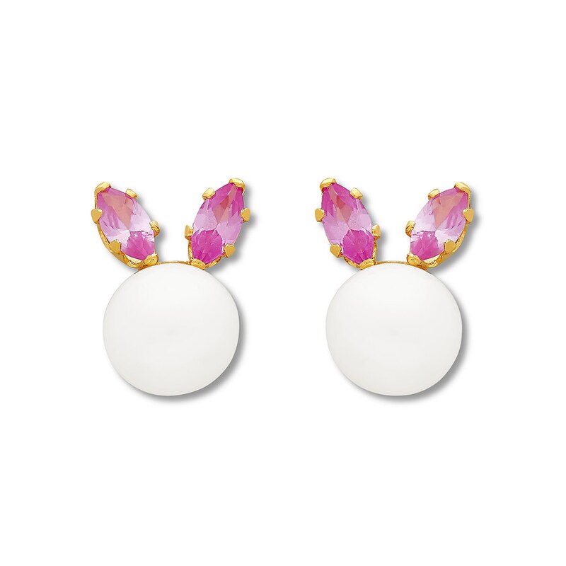 Main Image 3 of Young Teen Bunny Earrings 14K Yellow Gold Cultured Pearls & Lab-Created Sapphires