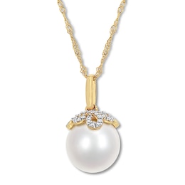 Cultured Pearl Necklace 1/15 ct tw Diamonds 14K Yellow Gold 17"