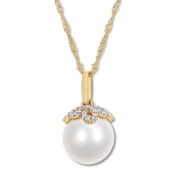 Cultured Pearl Necklace 1/15 ct tw Diamonds 14K Yellow Gold 17"