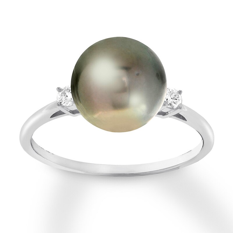 Cultured Tahitian Pearl Ring 1/10 ct tw Diamonds 10K White Gold