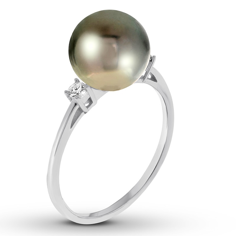 Cultured Tahitian Pearl Ring 1/10 ct tw Diamonds 10K White Gold