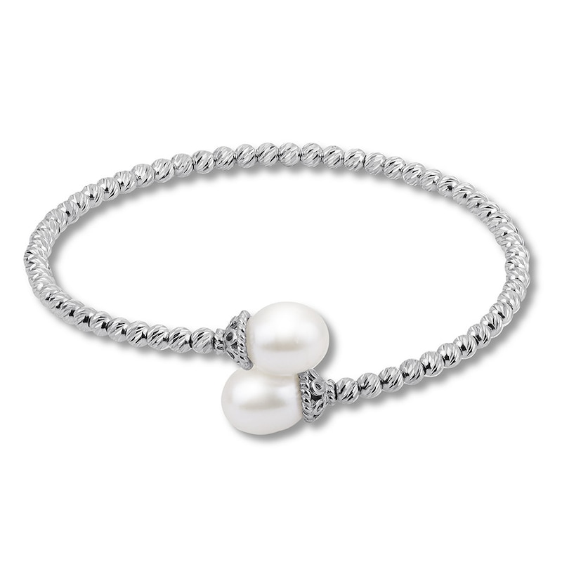 Cultured Pearl & Textured Bead Bangle Bracelet Sterling Silver