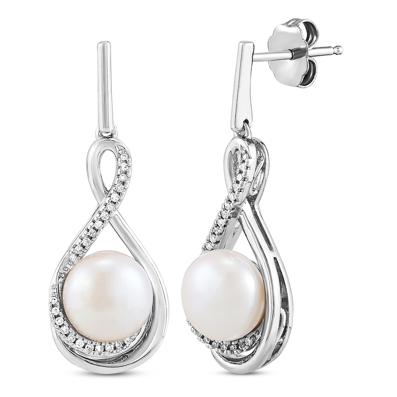 Cultured Pearl Earrings 1/10 ct tw Diamonds Sterling Silver with 360