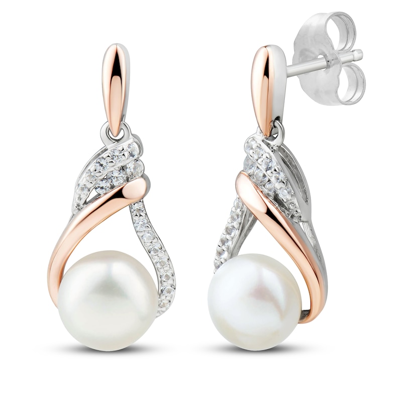 Main Image 1 of Freshwater Cultured Pearl & White Lab-Created Sapphire Earrings 10K Rose Gold/Sterling Silver