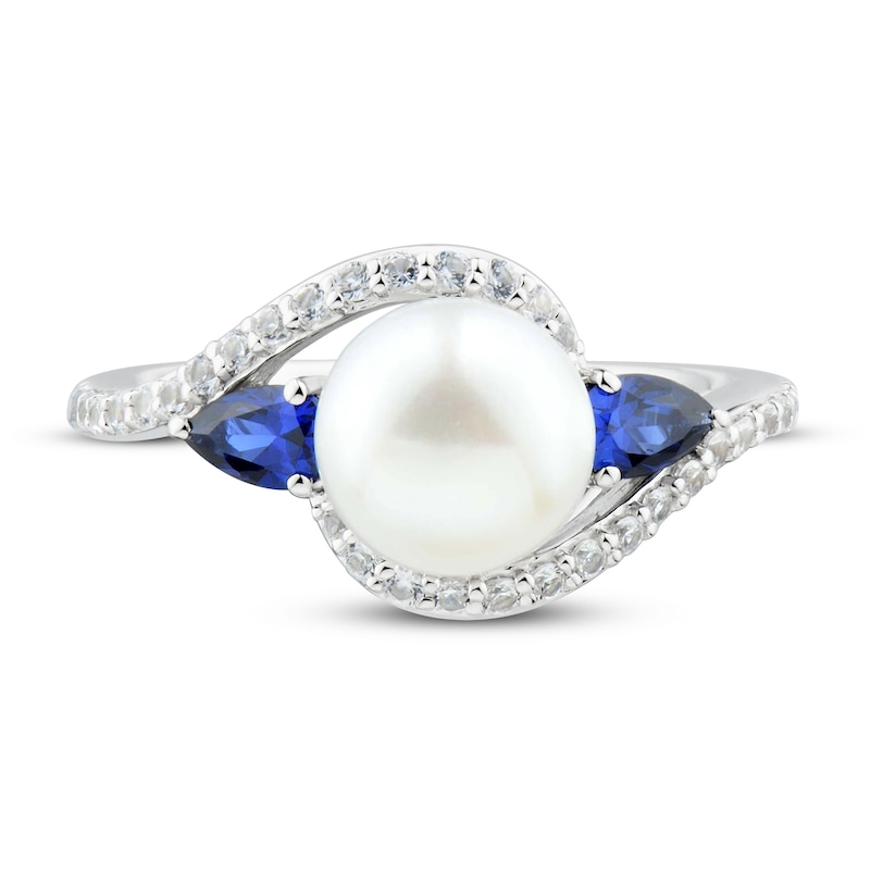 Freshwater Cultured Pearl & Blue/White Lab-Created Sapphire Ring Sterling Silver