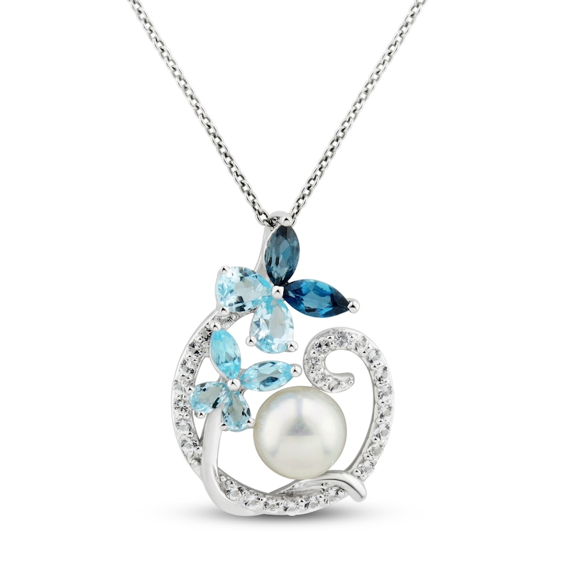 Main Image 1 of Freshwater Cultured Pearl & Topaz Floral Necklace Sterling Silver 18&quot;
