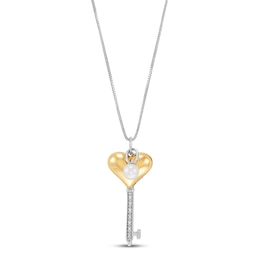 Cultured Pearl & Diamond Key Necklace Sterling Silver/10K Yellow Gold 18"