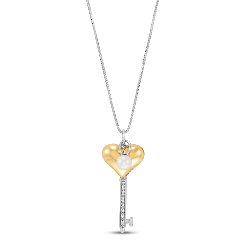 Main Image 1 of Cultured Pearl & Diamond Key Necklace Sterling Silver/10K Yellow Gold 18&quot;