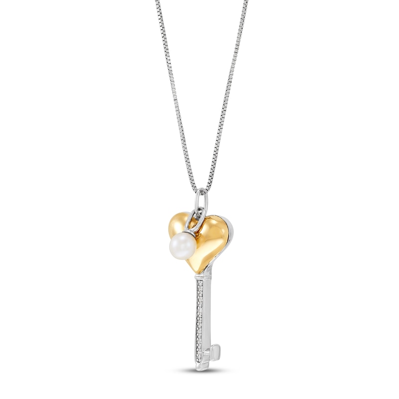 Main Image 2 of Cultured Pearl & Diamond Key Necklace Sterling Silver/10K Yellow Gold 18&quot;