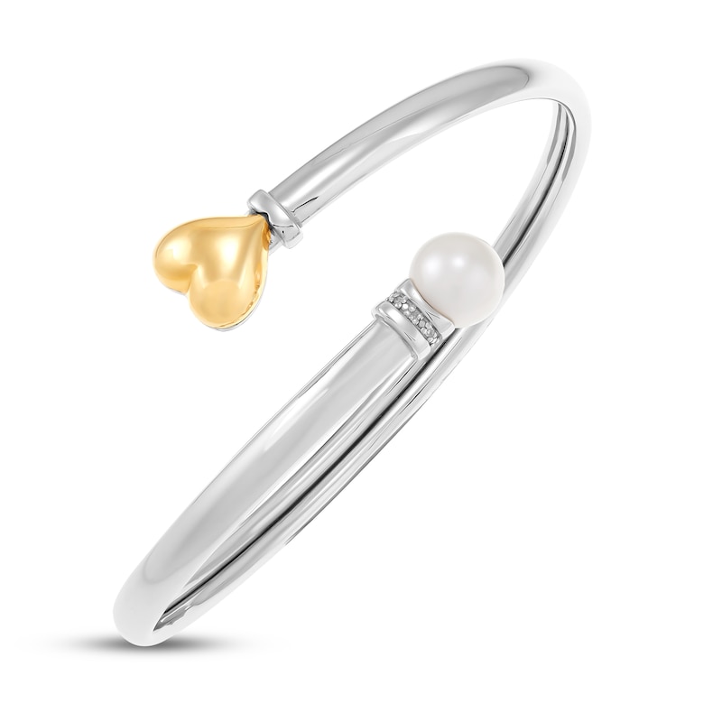 Main Image 3 of Cultured Pearl & Diamond Heart Cuff Sterling Silver/10K Yellow Gold