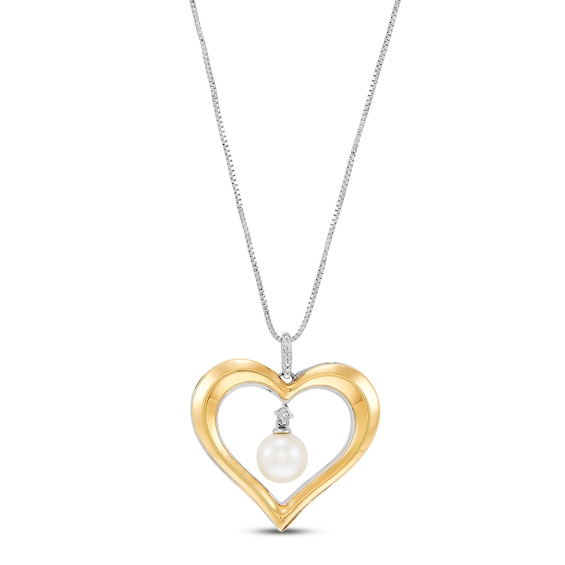 Cultured Pearl & Diamond Heart Necklace Sterling Silver/10K Yellow Gold 18"