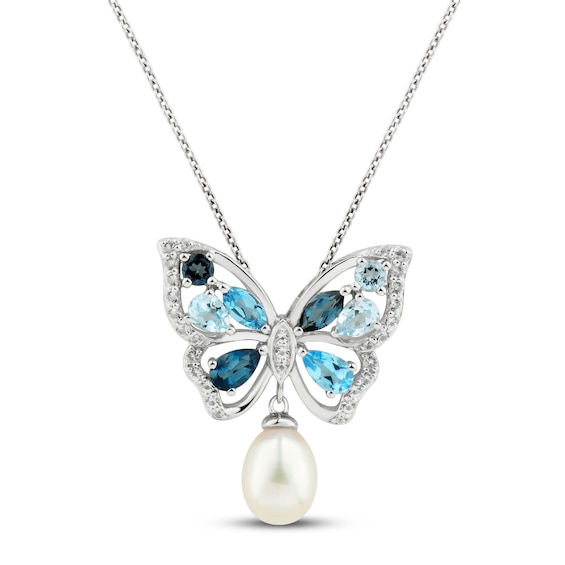 Freshwater Cultured Pearl & Topaz Butterfly Necklace Sterling Silver 18"