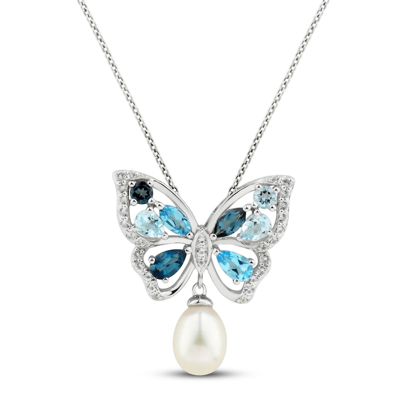 Main Image 1 of Freshwater Cultured Pearl & Topaz Butterfly Necklace Sterling Silver 18&quot;